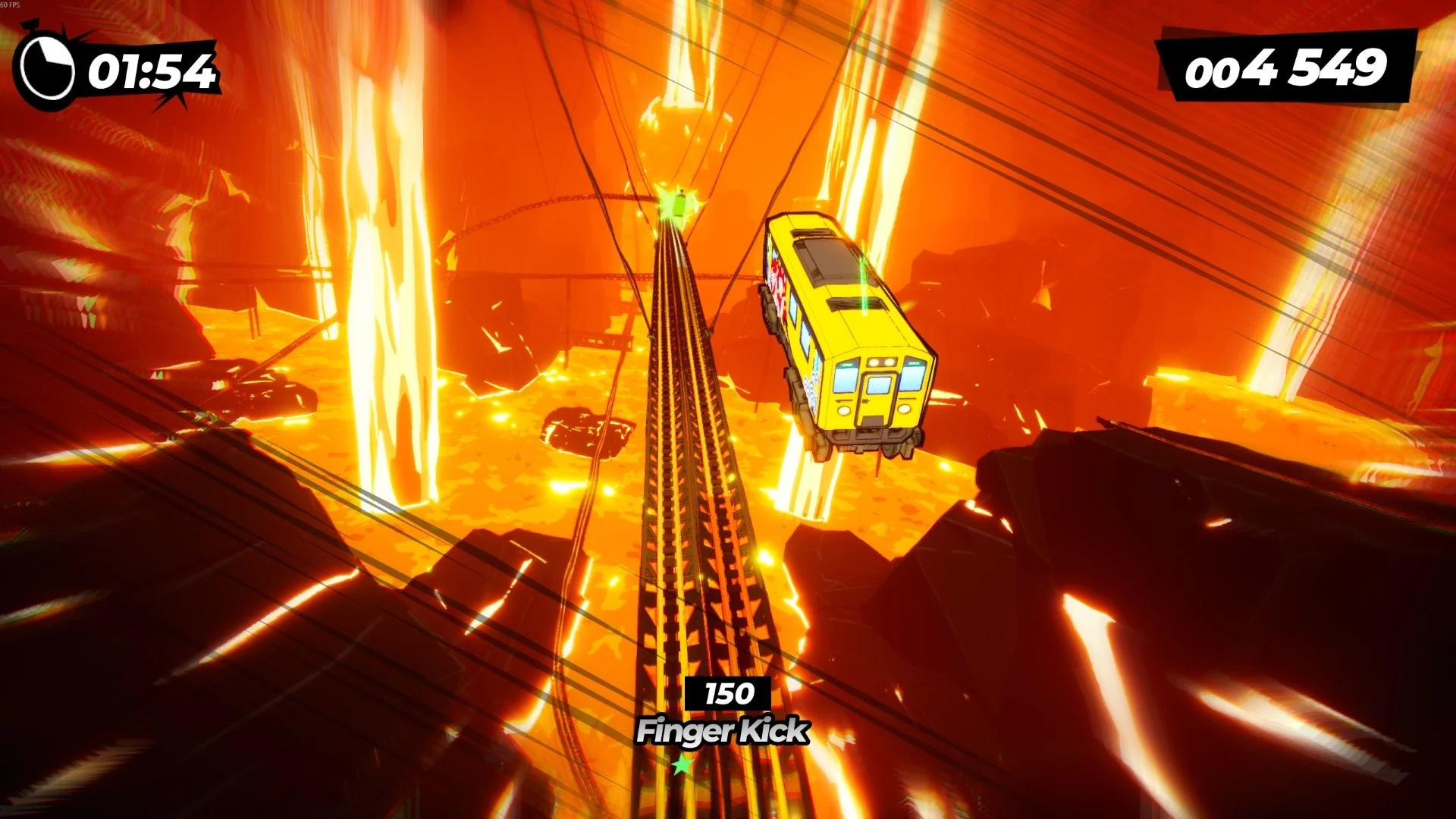 Jumping a train through an lava-filled volcano in Denshattack.