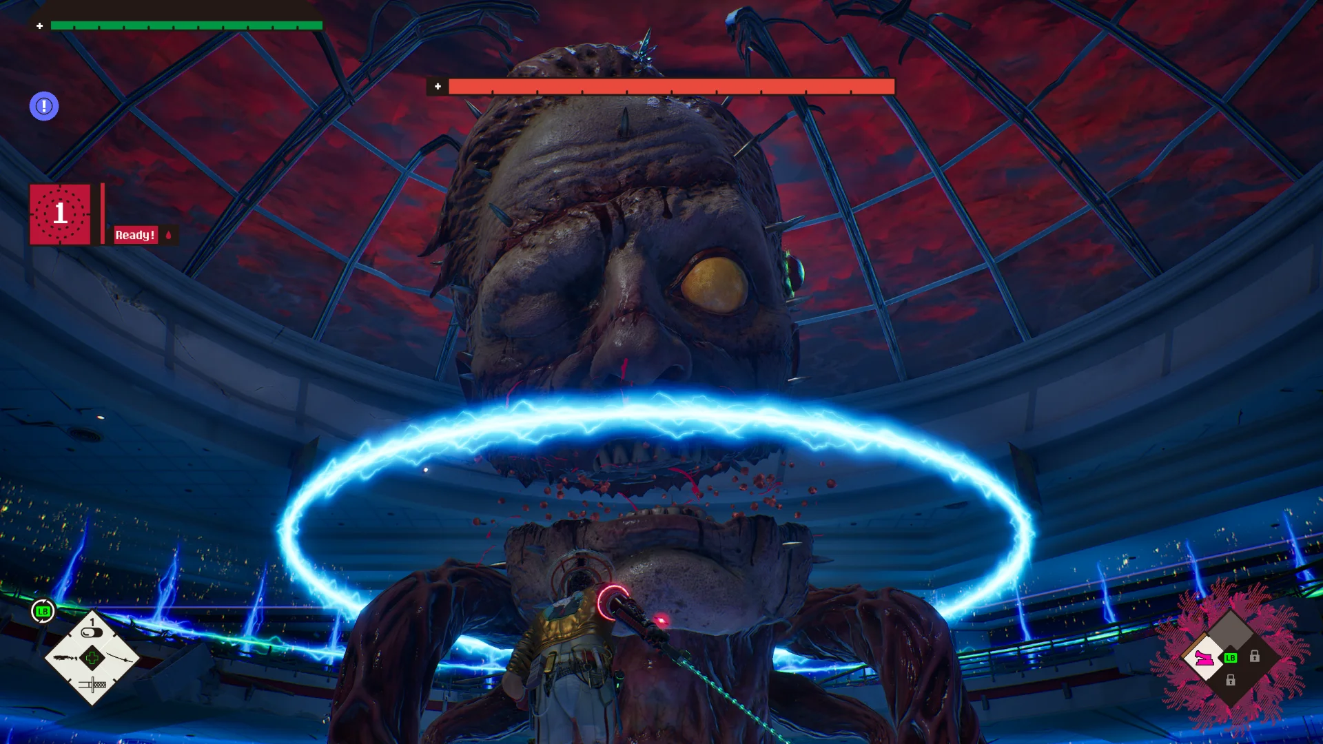 Romeo battles a boss, a giant head bisected at the jaw, in Romeo is a Dead Man.