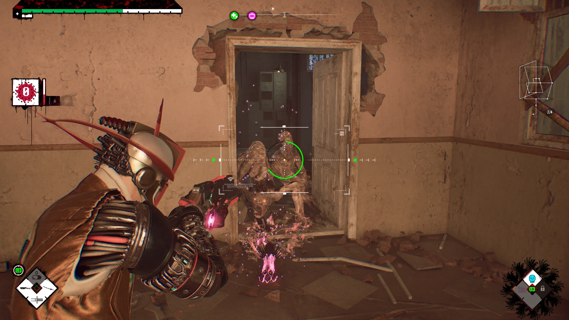 Romeo aims his futuristic shotgun at enemies in in Romeo is a Dead Man.