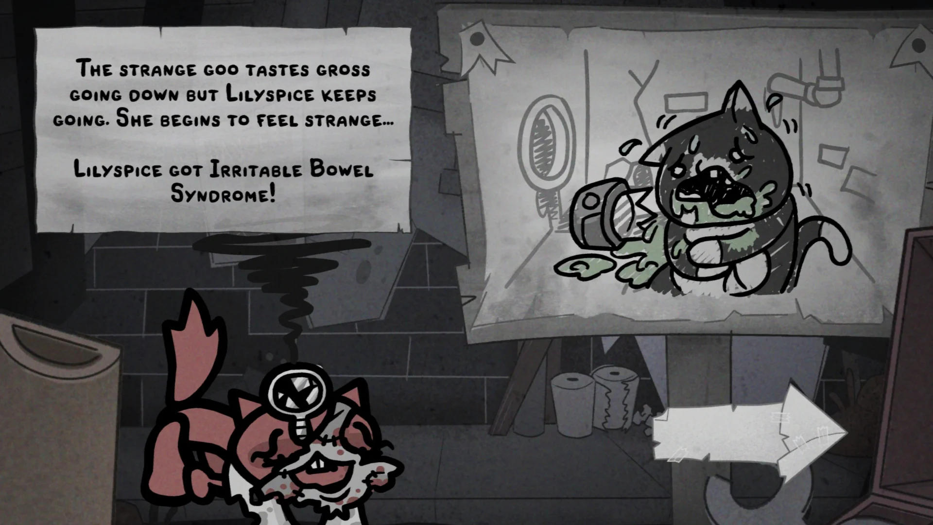 Uno screenshot da Mewgenics, che mostra una delle sue evenienze casuali, in cui un gatto sviluppa la sindrome dell'intestino irritabile.