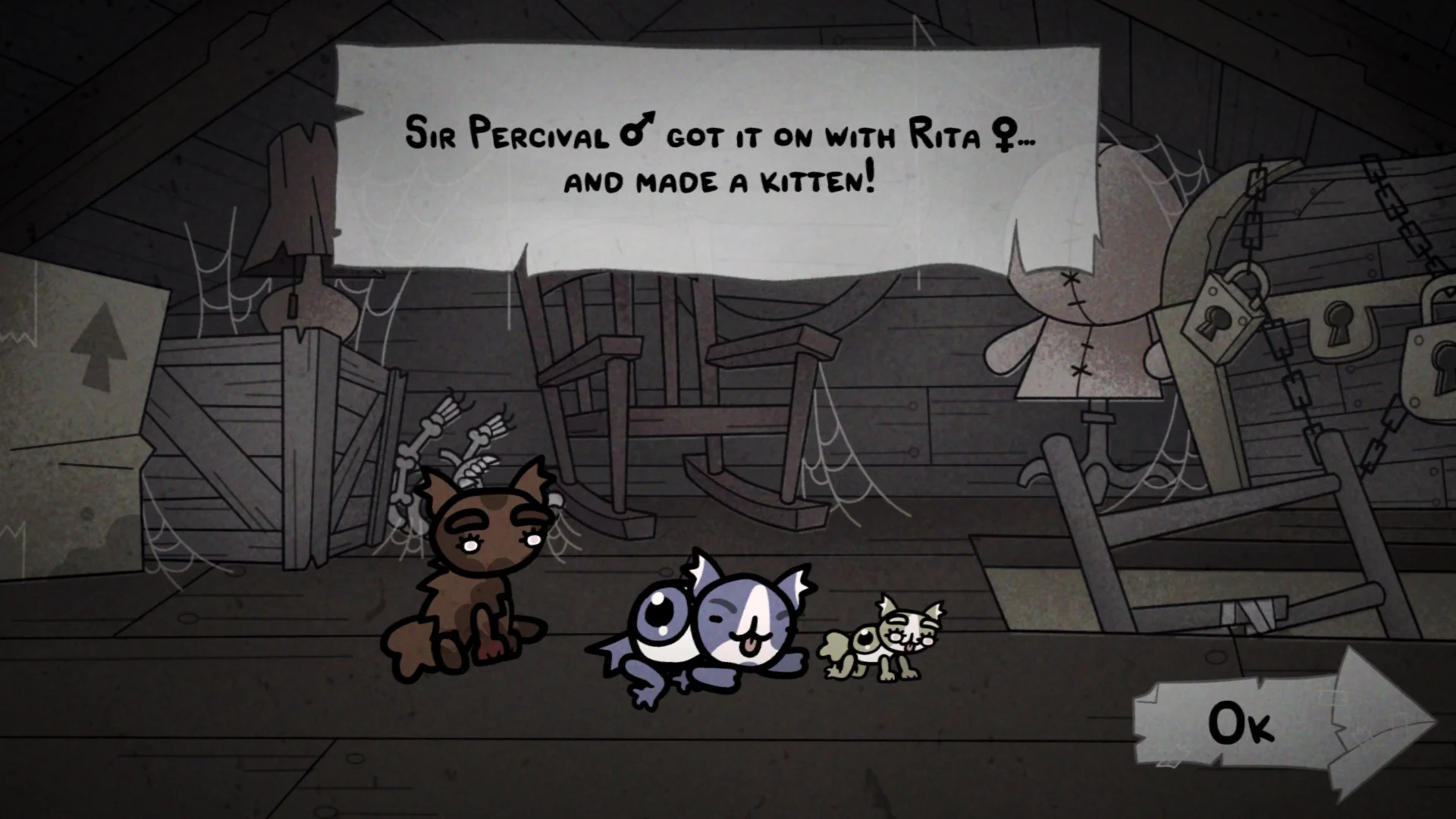 Uno screenshot di Mewgenics, con una gatta di nome Rita che partorisce un gattino.
