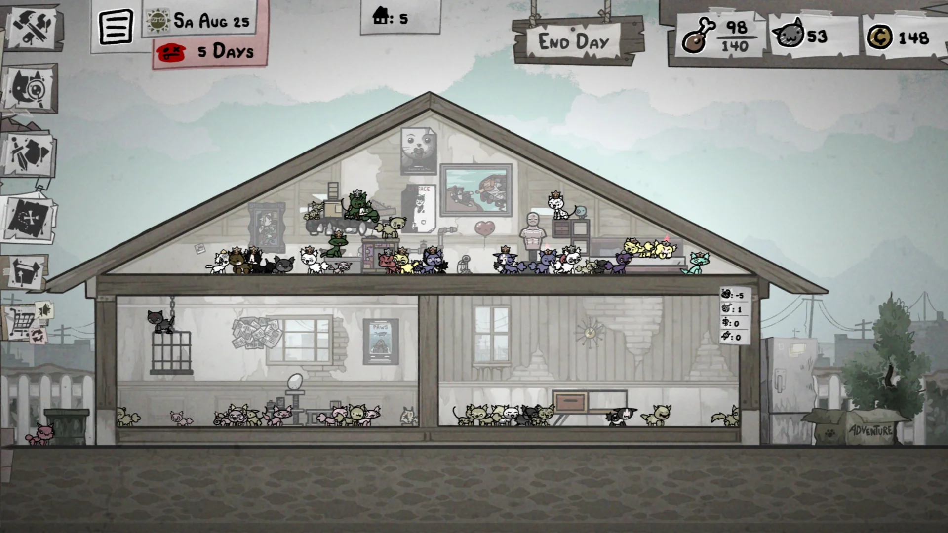Uno screenshot da Mewgenics, che mostra la baracca del gioco sovrappopolata di gatti.