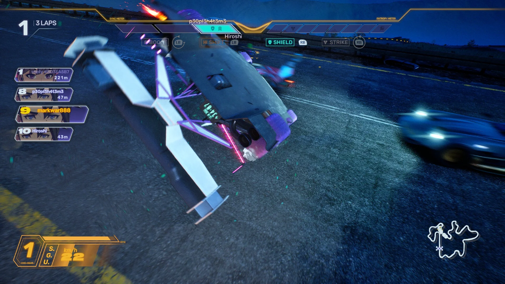 A car being flipped upside down in Screamer online race.