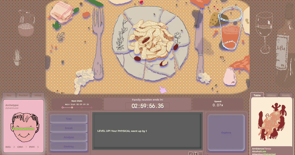 Family Reunion is a dinnertime simulation game that captures the wonder and boredom of being a loosely disciplined 7-year-old