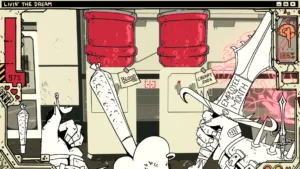 CYBRLICH and the Death Cult of Labor, sparatoria disegnata a mano nella torre LICHCORP contro i mostri aziendali