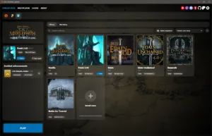 L'interfaccia dell'All-in-One Launcher del BFME Foundation Project, con i tre capitoli della saga e il selettore delle patch