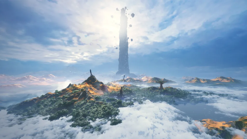Of Peaks and Tides: 32 GB di RAM per il 720p e ancora nessuna data di uscita per il survival orientale 11 Illustrazione di Of Peaks and Tides: il continente di Everland con le rovine dell'Ascent dopo la guerra fra dèi e uomini