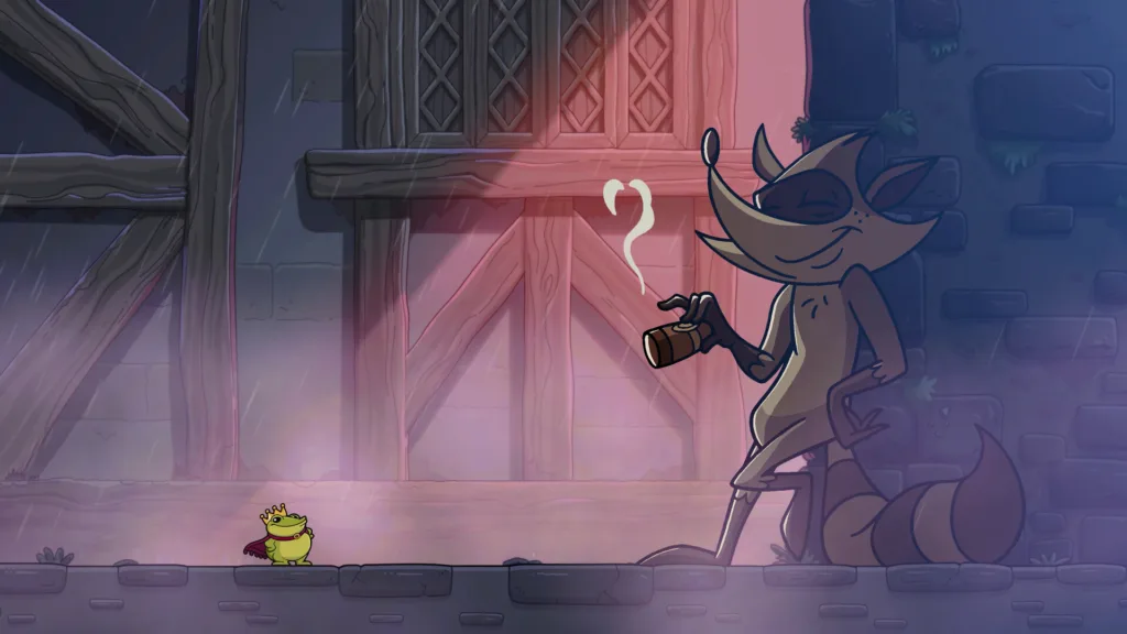 Croak, il principe ranocchio di WoodRunner Games usa la lingua come rampino in un livello disegnato a mano