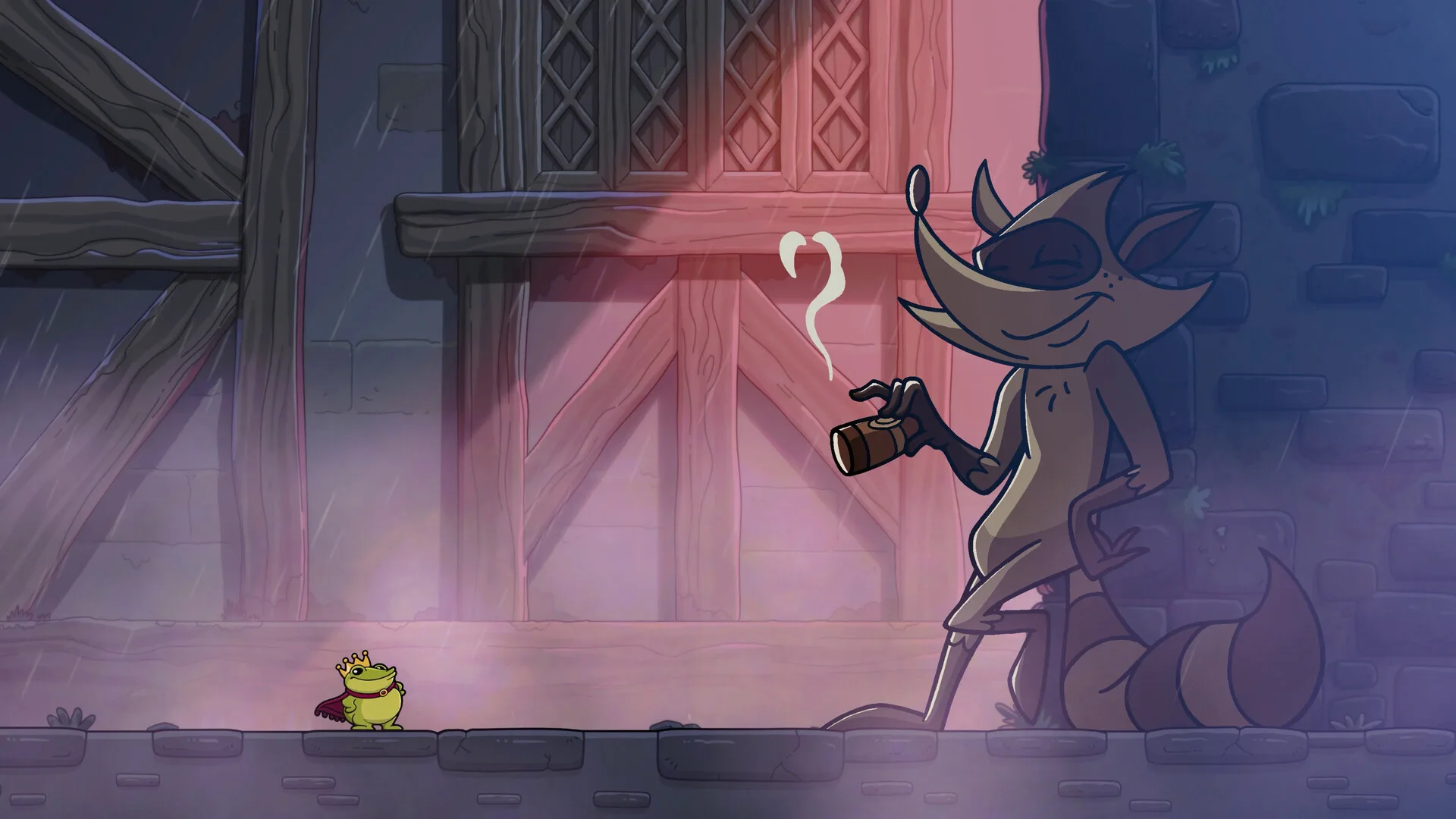 Croak, il principe ranocchio di WoodRunner Games usa la lingua come rampino in un livello disegnato a mano