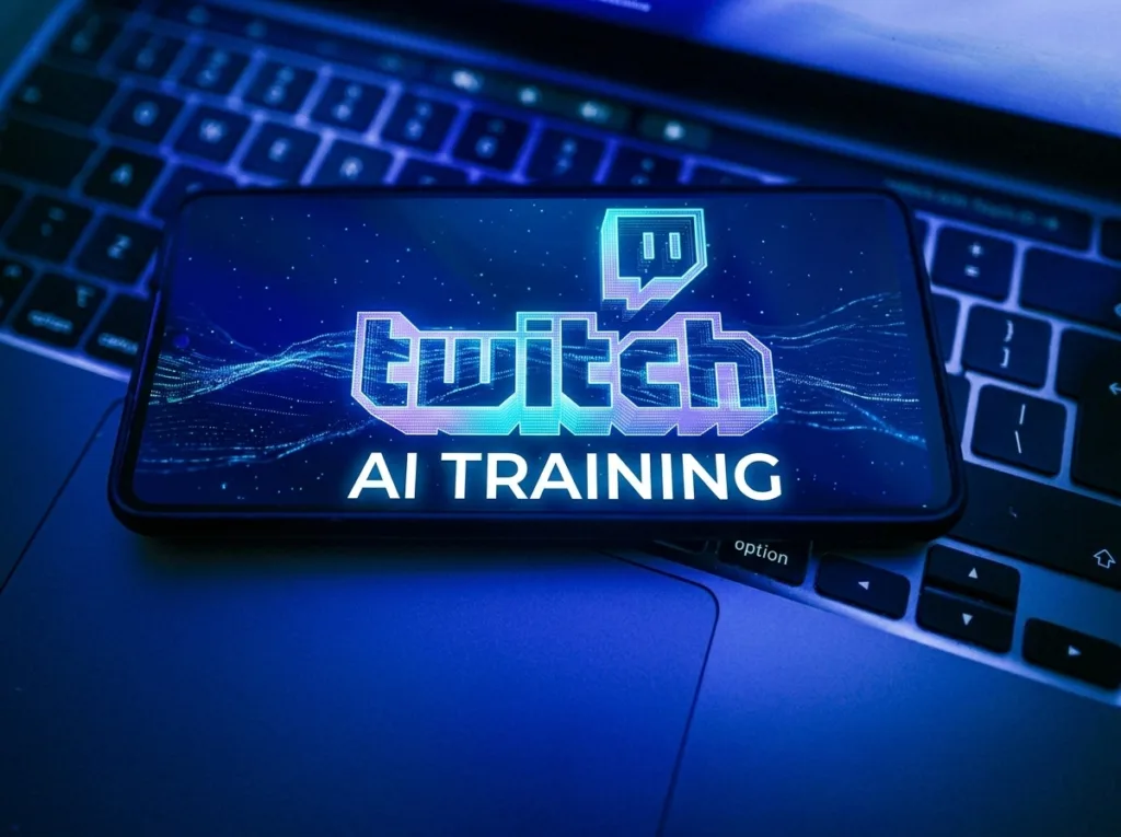 Il logo di Twitch accostato al tema dell'addestramento dei modelli di intelligenza artificiale di Amazon