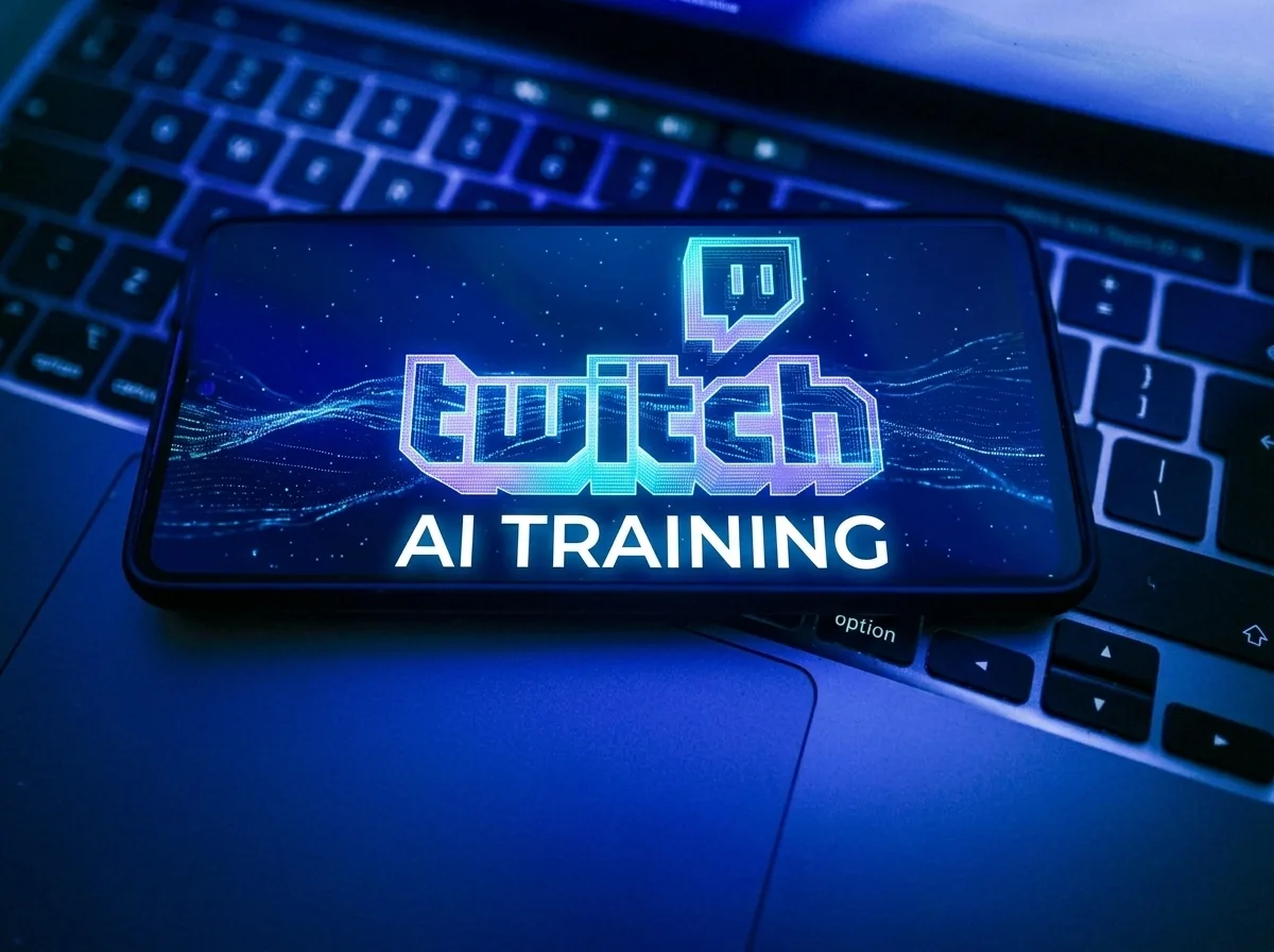 Il logo di Twitch accostato al tema dell'addestramento dei modelli di intelligenza artificiale di Amazon