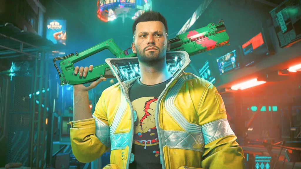 Cyberpunk 2077, un personaggio con giubbotto giallo e un fucile futuristico sulla spalla
