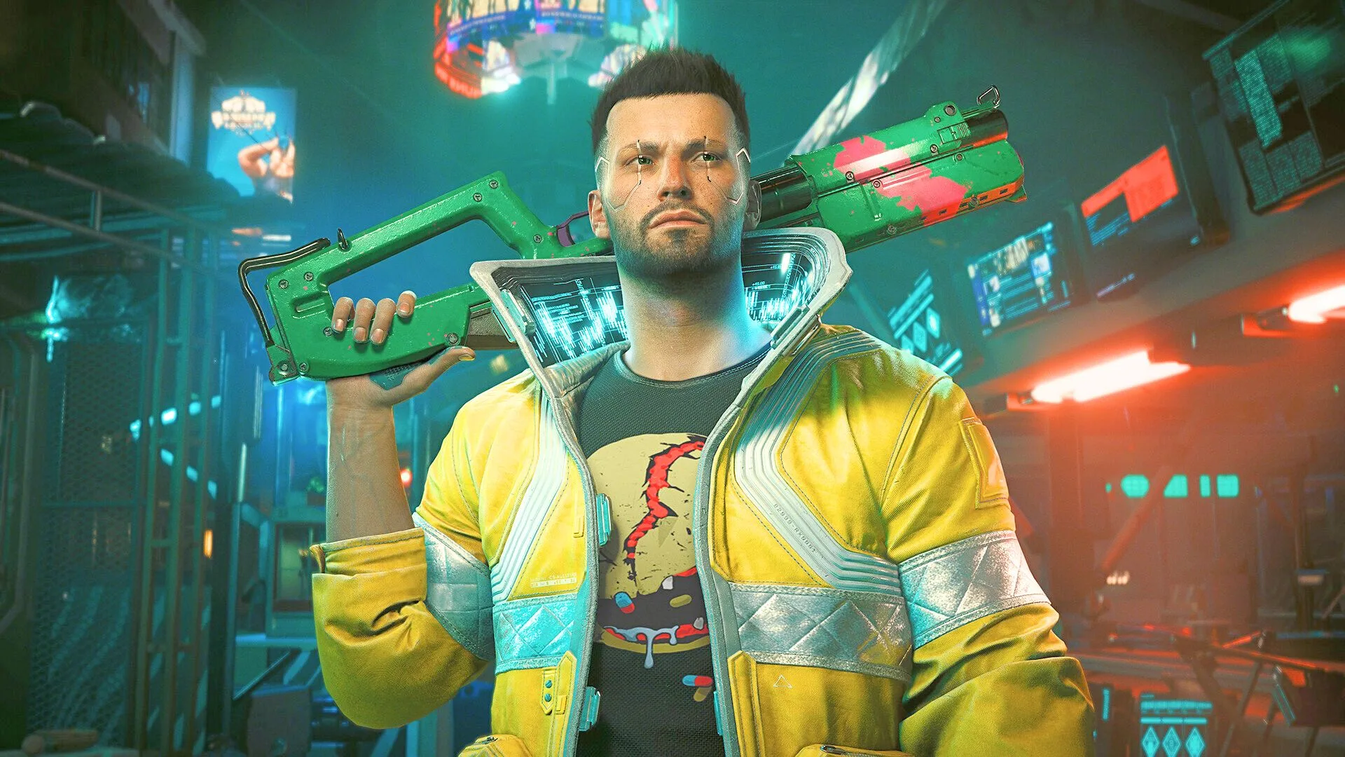 Cyberpunk 2077, un personaggio con giubbotto giallo e un fucile futuristico sulla spalla