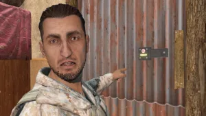 DayZ Badlands base building: a man looks shocked, pointing toa code lock attached to a door.