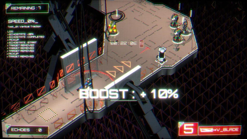 Screenshot di Echobreaker con il rig corazzato in azione in un livello isometrico al neon