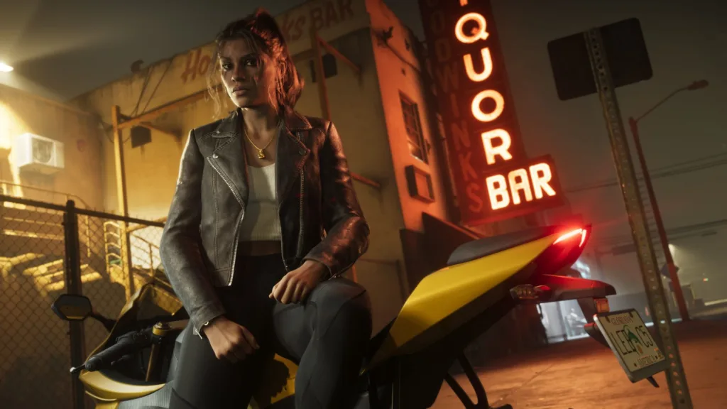 GTA 6 co-protagonist, Lucia Caminos, looks towards the camera on a yellow sports bike