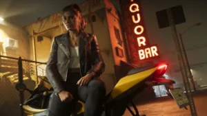 GTA 6 co-protagonist, Lucia Caminos, looks towards the camera on a yellow sports bike