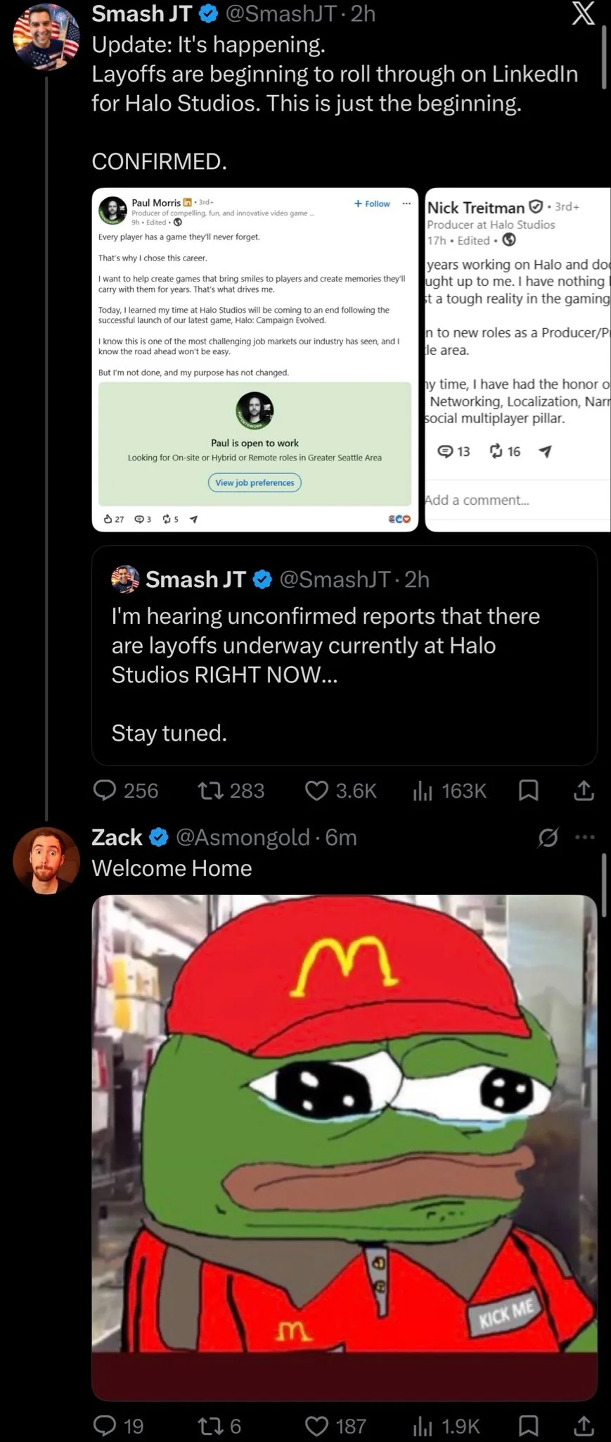 Il post di Asmongold che commenta i licenziamenti a Halo Studios