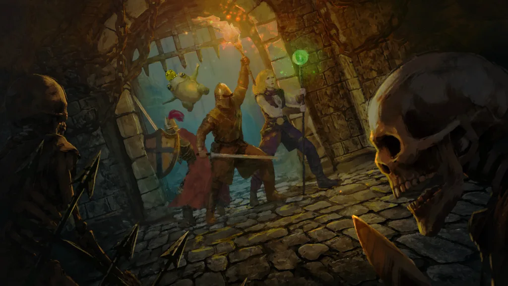 Un corridoio buio dell'Abisso illuminato dalla torcia in Ignite the Depths di SK Studios