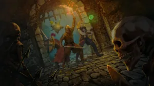 Un corridoio buio dell'Abisso illuminato dalla torcia in Ignite the Depths di SK Studios