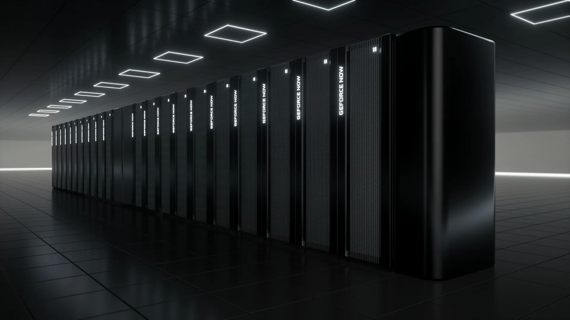 Una fila di server in una sala buia, l'infrastruttura che alimenta GeForce NOW