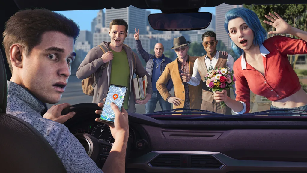 Un'auto e un passeggero in una scena di Rideshare Stimulator