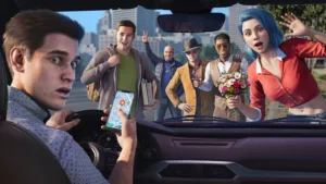 Un'auto e un passeggero in una scena di Rideshare Stimulator