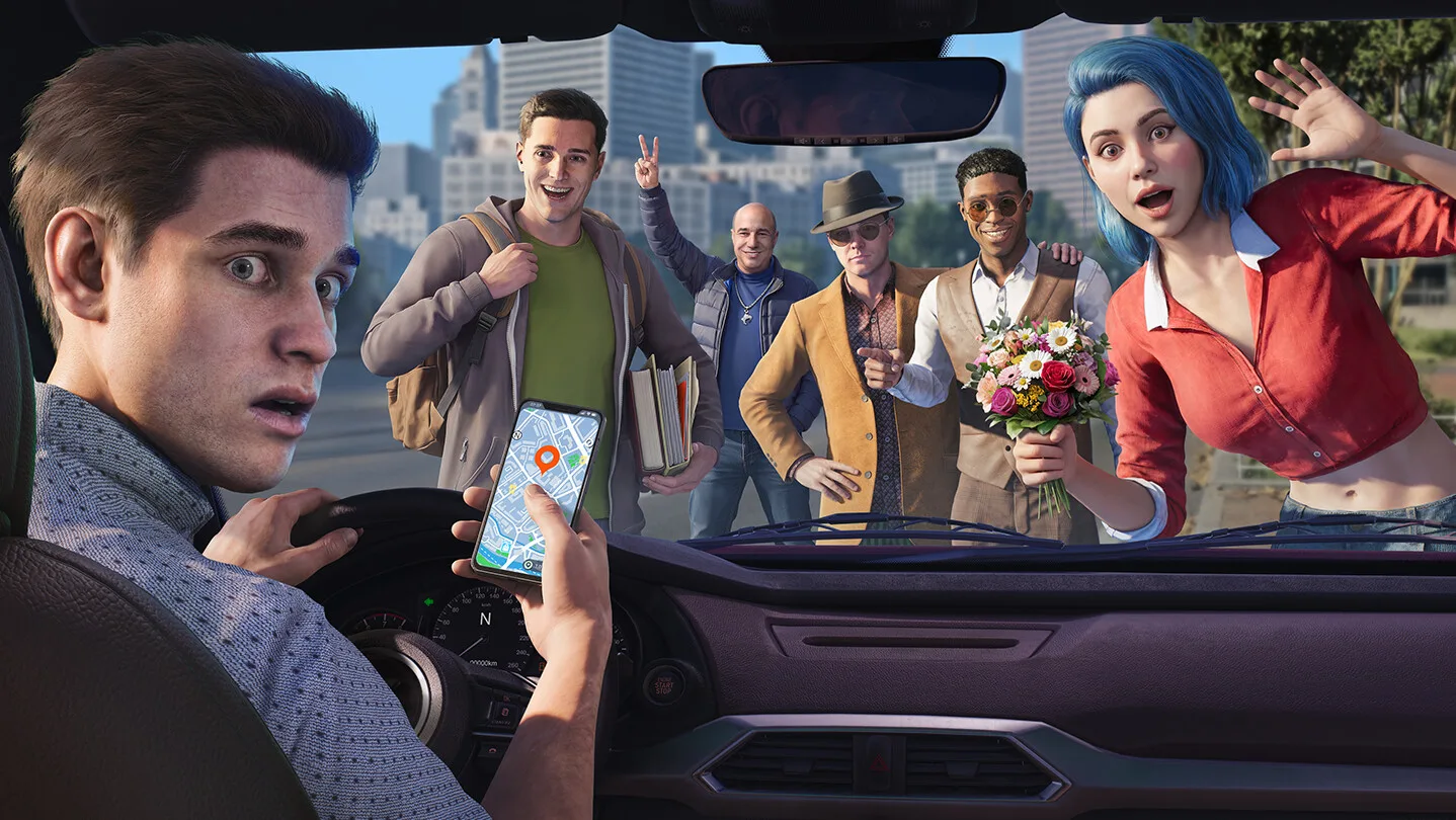 Un'auto e un passeggero in una scena di Rideshare Stimulator