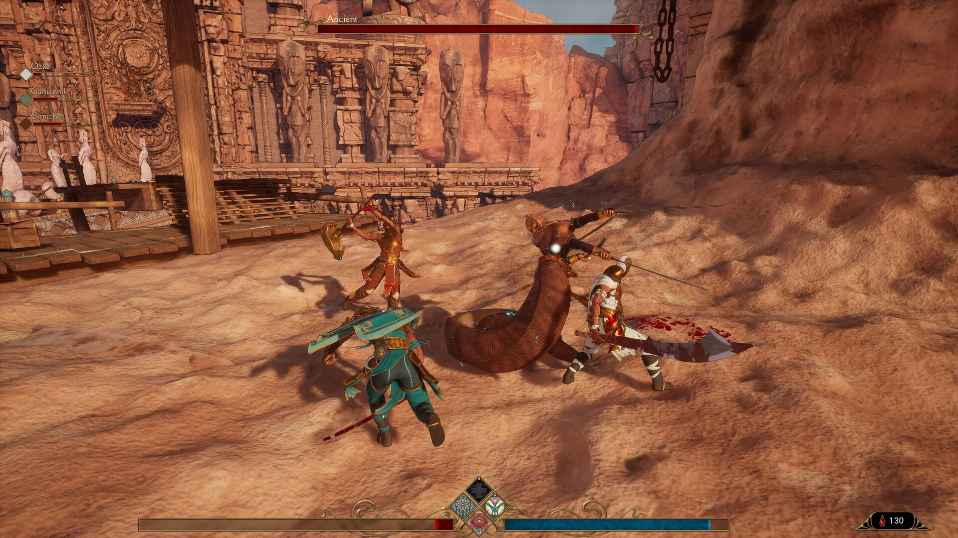 Scontro tra il protagonista e i nemici nel deserto di Serpent's Gaze