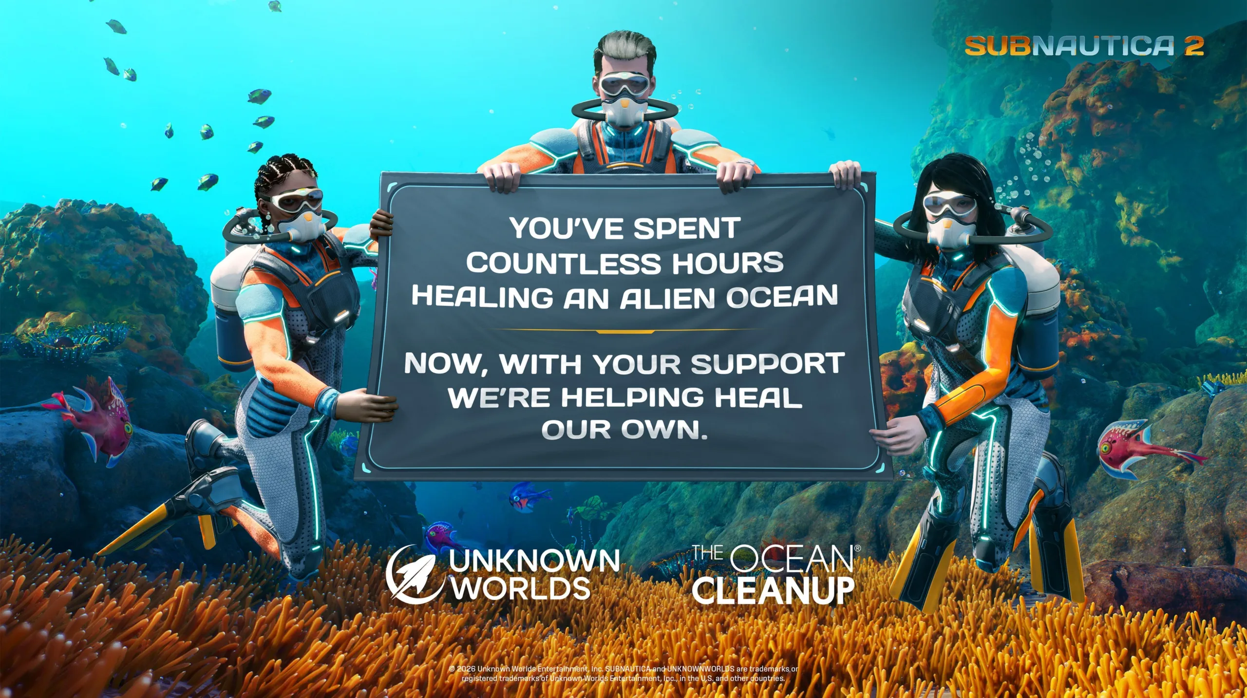 Illustrazione ufficiale della collaborazione tra Subnautica 2 e The Ocean Cleanup