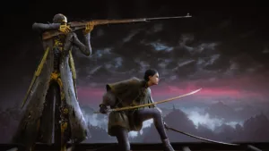 Combattimento tra Bloodsworn in un'ambientazione gotica di The Duskbloods