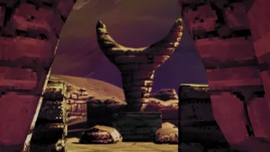 Il deserto di The Old Flesh of Nuraga con i resti nuragici affiorati dalla sabbia