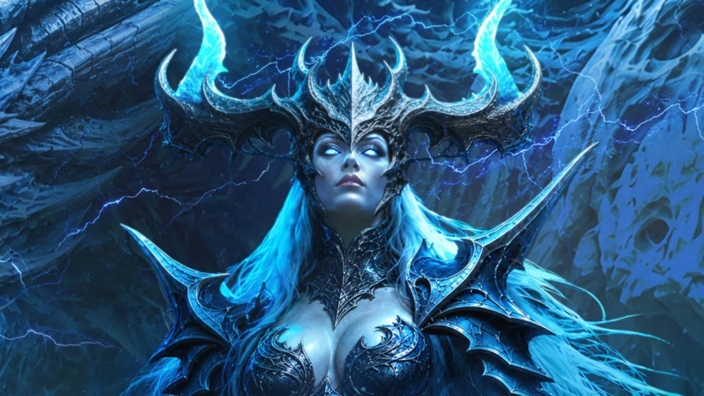 Amazon hands off Throne and Liberty to NC, seemingly ending its MMO era: An image of a woman with snowy white eyes and curved horns wearing draconic armor, looking down at the camera