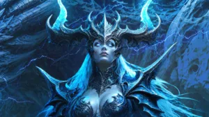 Amazon hands off Throne and Liberty to NC, seemingly ending its MMO era: An image of a woman with snowy white eyes and curved horns wearing draconic armor, looking down at the camera