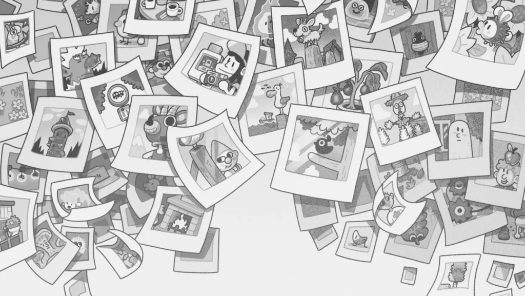 Il protagonista di TOEM 2 con la macchina fotografica nella città di Deltburg, disegnata a mano in bianco e nero