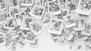 Il protagonista di TOEM 2 con la macchina fotografica nella città di Deltburg, disegnata a mano in bianco e nero
