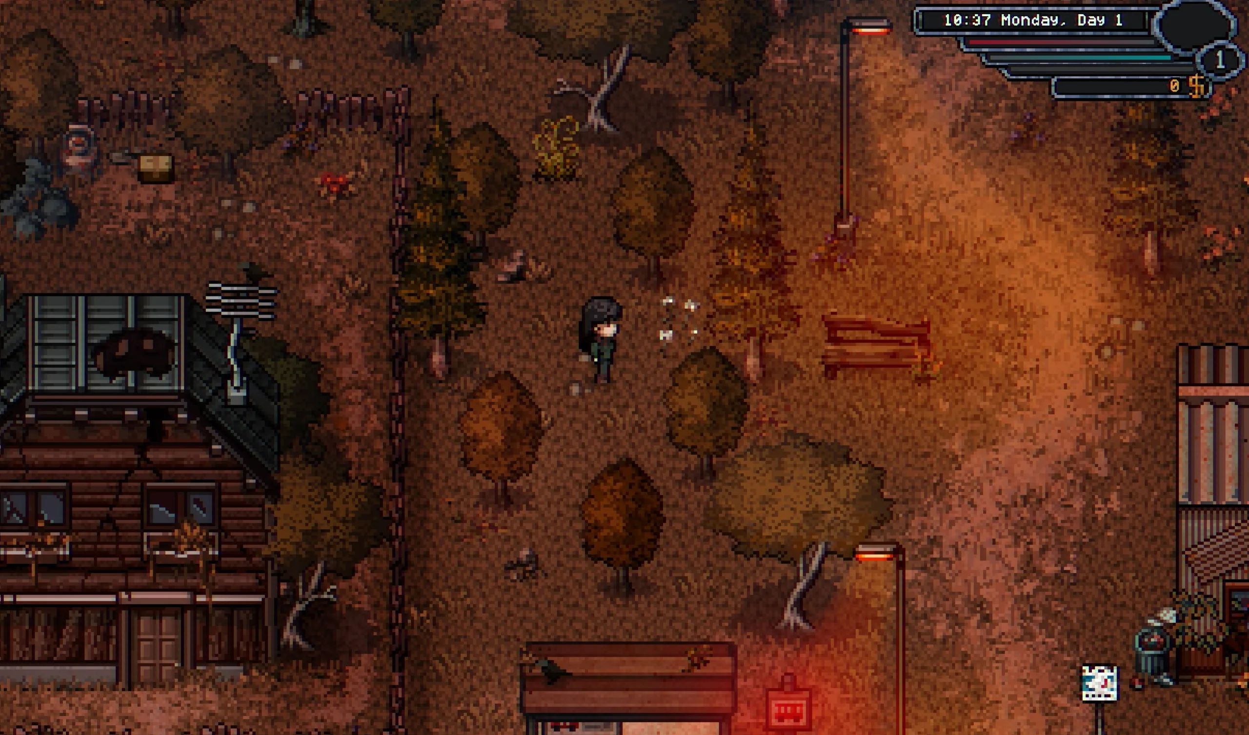 La fattoria di Welcome to Elderfield in pixel art, con il cielo notturno