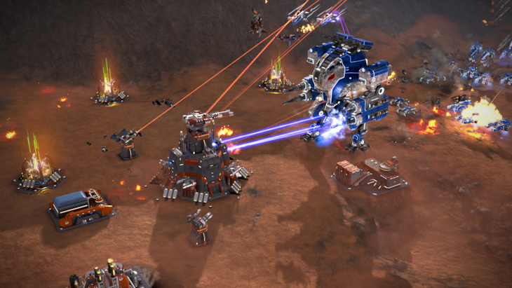 Una mappa di Ashes of the Singularity II vista dall'alto, con le linee del fronte tra le due fazioni
