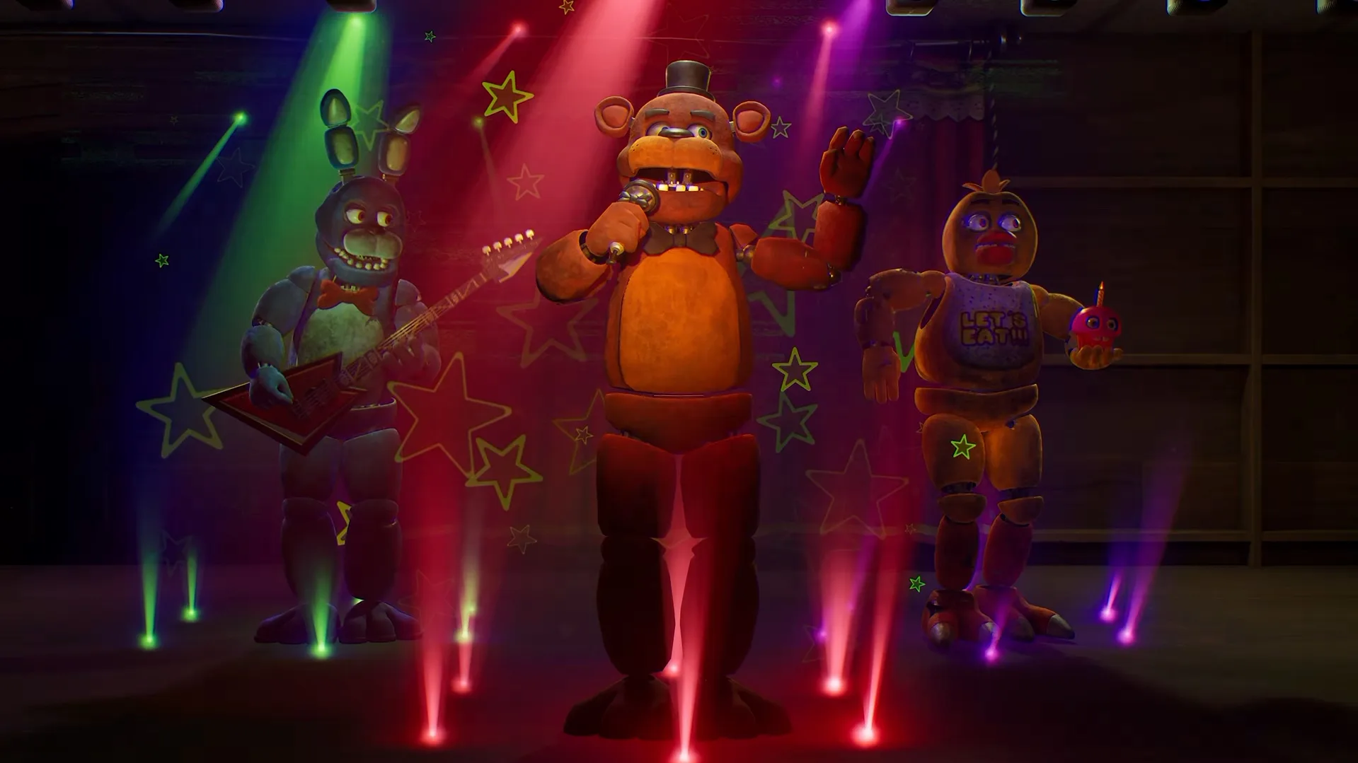 Freddy Fazbear e gli altri animatronici suonano su un palco buio, in un'immagine del trailer di Fortnitemares 2026 di Fortnite