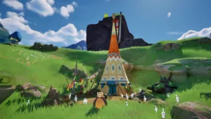 Una scena di Bloomwalker, il gioco di crafting con la casa che cammina ambientato nel mondo di Ni no Kuni