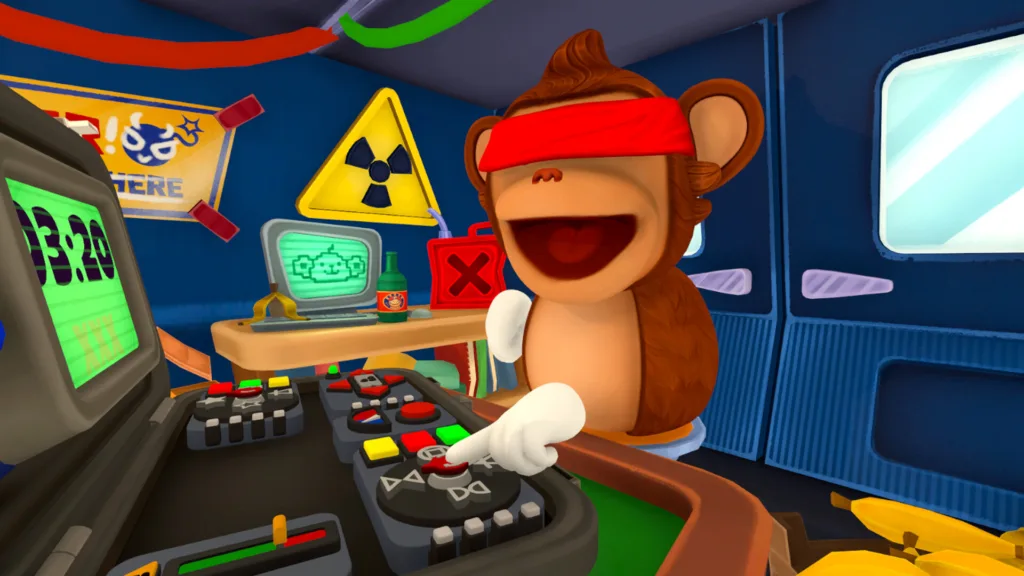 Una scena di gioco di Bombanana!, il cooperativo per tre in cui tre scimmie disinnescano bombe