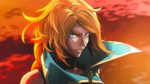 Castlevania Belmont's Curse blends the classic Metroidvania's soul with Dead Cells' immaculate style: An anime woman with red hair, blue eyes, wearing a high-necked blue jacket looks into the camera with determination