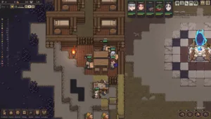 La colonia in superficie di Dungeon Settlers, con i coloni al lavoro fra le baracche in pixel art