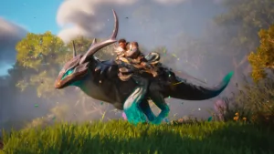 Un personaggio in armatura cavalca una creatura simile a un cervo in un prato di Guild Wars 3