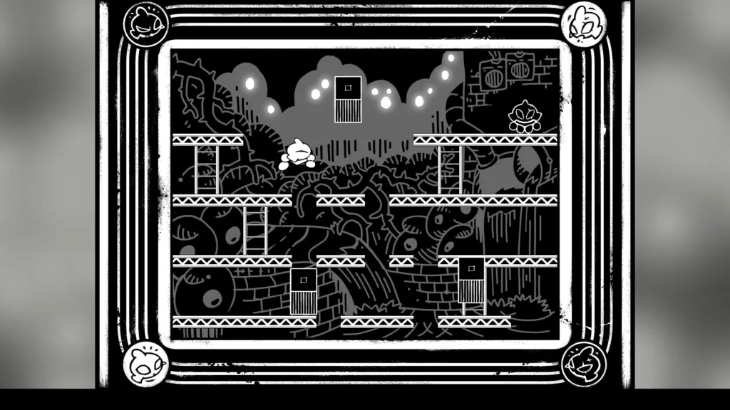 Scenario disegnato a mano in bianco e nero di Helix: Descent N Ascent, tra gli indie in bianco e nero più suggestivi