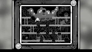 Scenario disegnato a mano in bianco e nero di Helix: Descent N Ascent, tra gli indie in bianco e nero più suggestivi