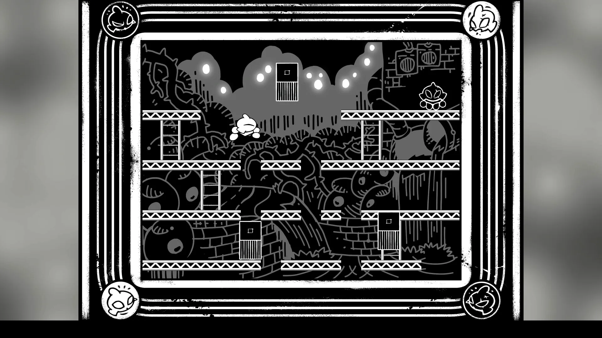 Scenario disegnato a mano in bianco e nero di Helix: Descent N Ascent, tra gli indie in bianco e nero più suggestivi