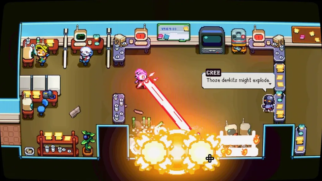 Il protagonista di Laser Guy spara un raggio dall'occhio in un ufficio pieno di colleghi