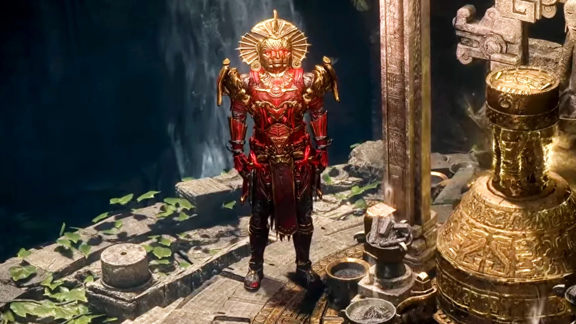 Il Trialmaster in armatura rossa e dorata in Path of Exile 2, nella patch 0.5.5 Forbidden Rites