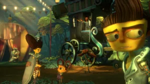 Una scena di Psychonauts 2, il gioco più noto di Double Fine, lo studio di Tim Schafer tornato indipendente da Xbox